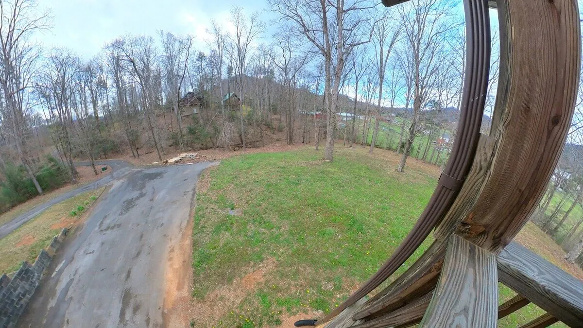 A spacious open grassy area framed by bare trees and distant hills, inviting guests to nature walks or playtime with pets. The broad view suggests space for pets to roam and scenic places to explore right outside the property.